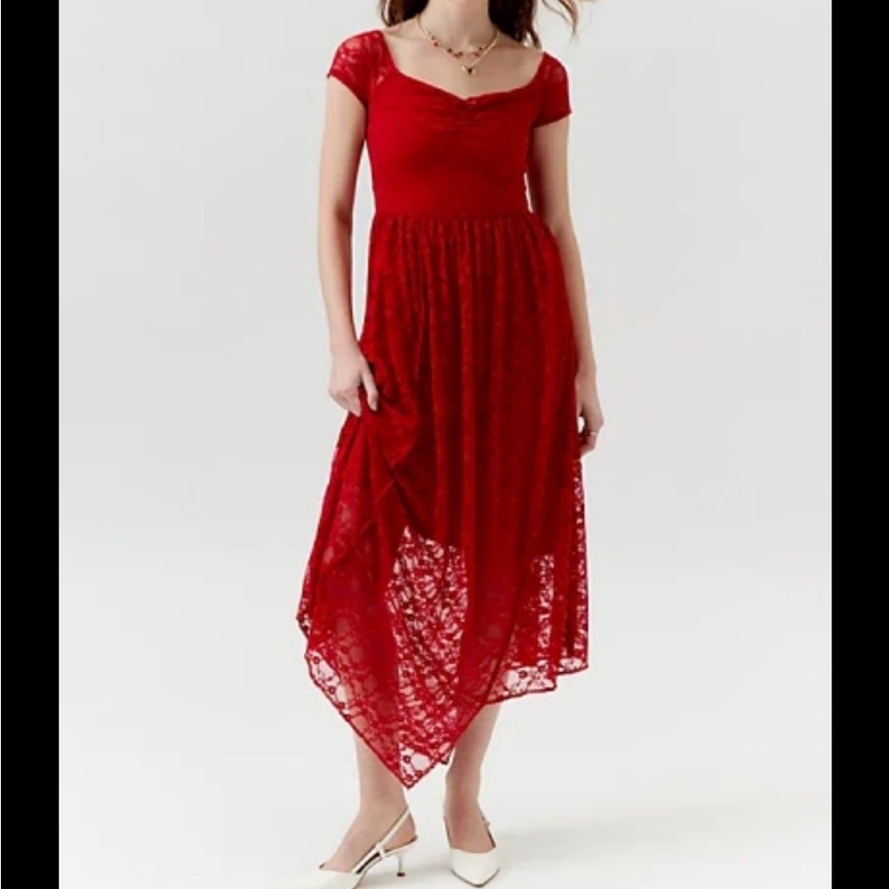 Urban Renewal • Remnants Lace Asymmetric Maxi Dress In‎ Red